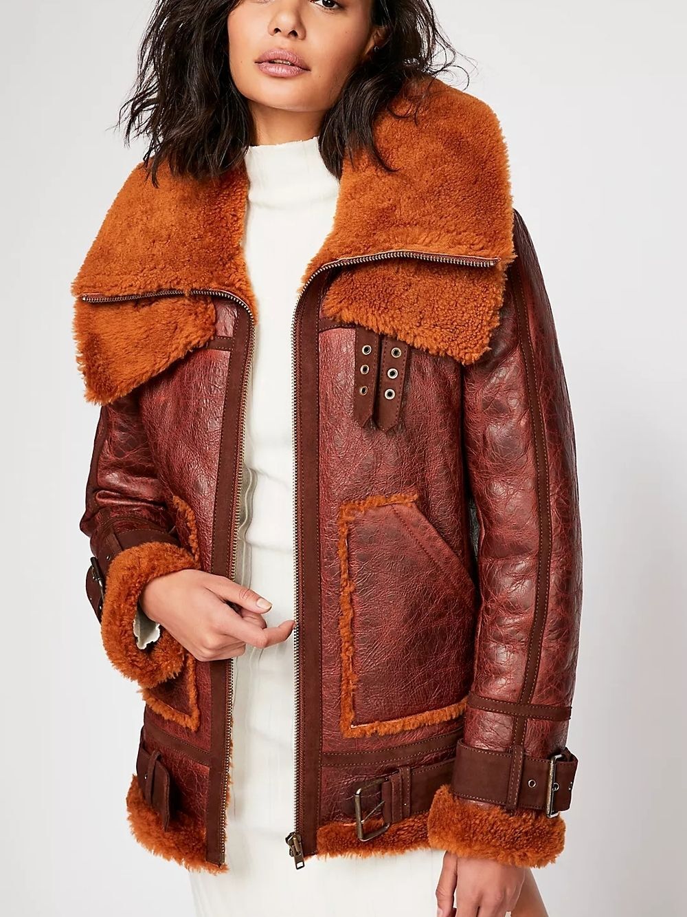 Free People We The Free Womens Brown Leather Maverick Shearling Coat Size XS